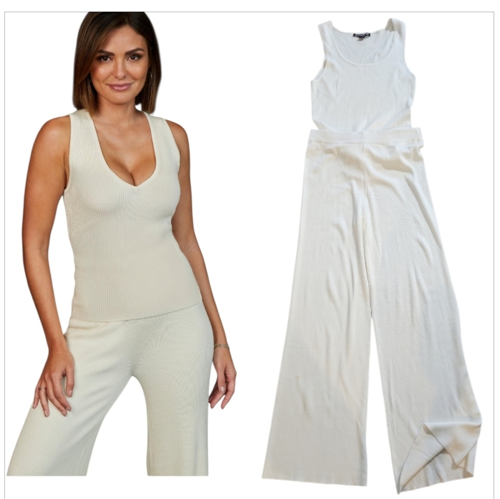 Boston Proper Off White 2 Piece Rib Knit Set Wide Leg Pants & Tank Top M